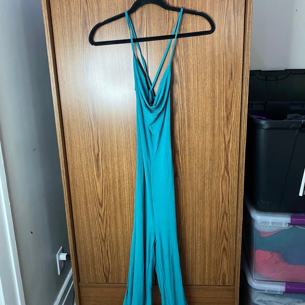 Niay Ribbed Wide Leg Jumpsuit Womens L‎ Teal Cowl Neck Lace Up Back Slit